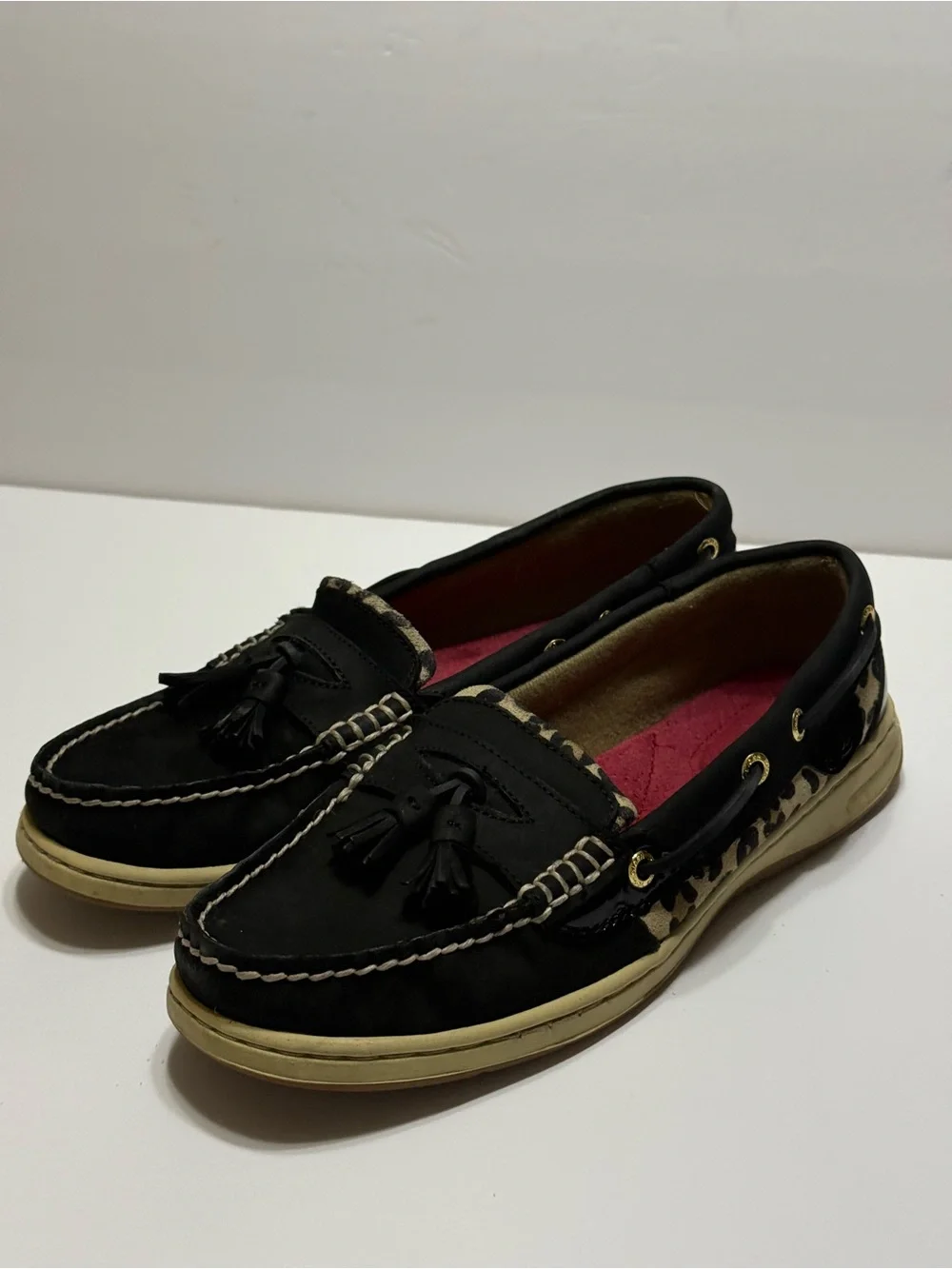 Sperry Top-Sider Women’s Black Tassel Loafers with Leopard Trim Sz 9M
